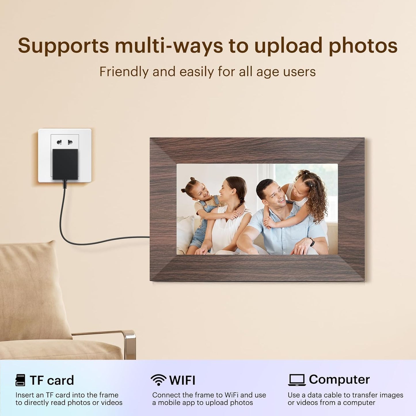 7” Digital Picture Frame with 32GB Storage, WiFi Digital Photo Frame 1024x600 HD IPS Touchscreen, Easy Setup for Photo & Video Sharing via Free App, Light Brown Wood Grain