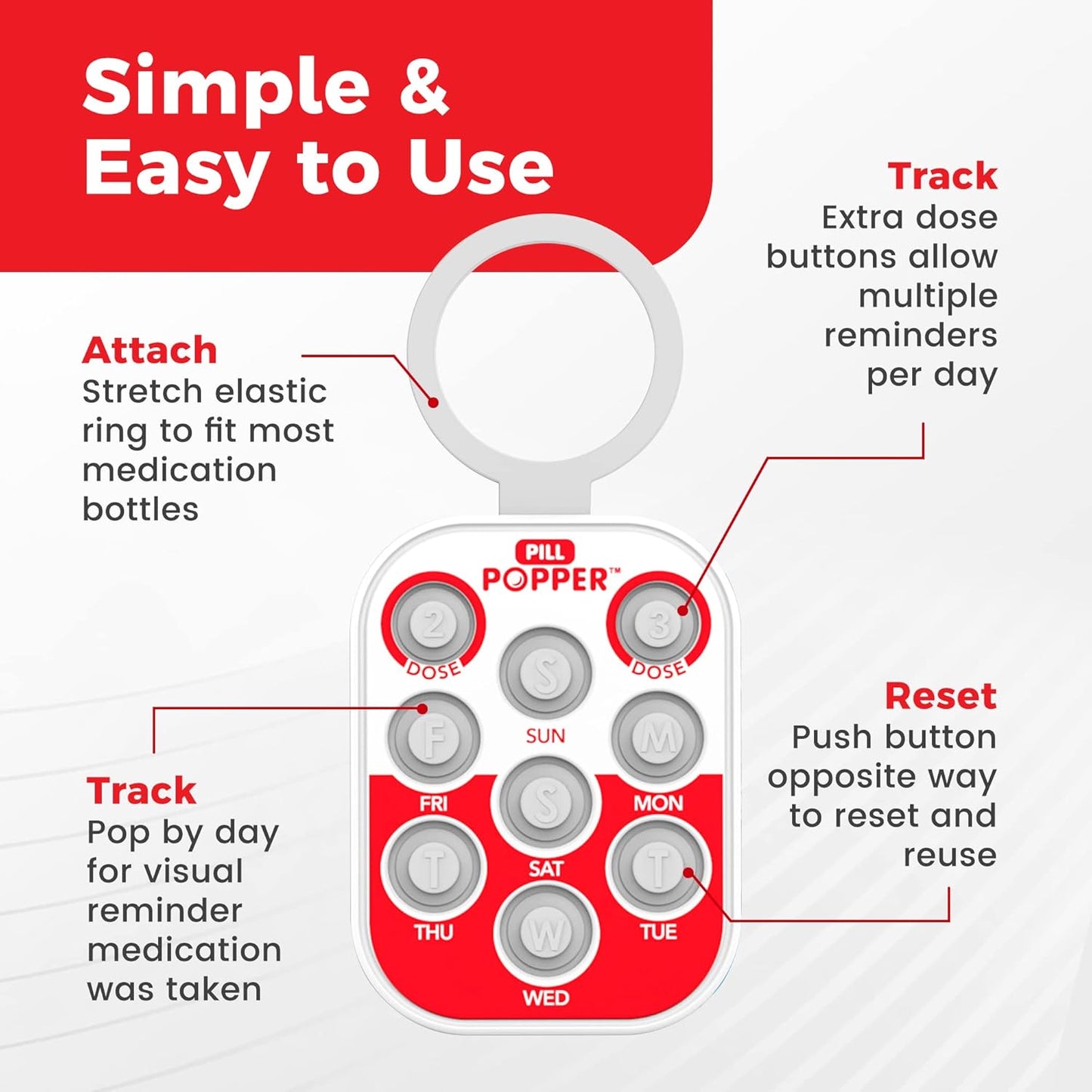 Pill Popper Medication Tracker, Daily Pill Reminder, Small and Portable Memory Aid with Buttons, Attaches to Pill Container, Tracks up to 3 Doses per Day, Multicolor, 3-Pack - Easy To Use Products