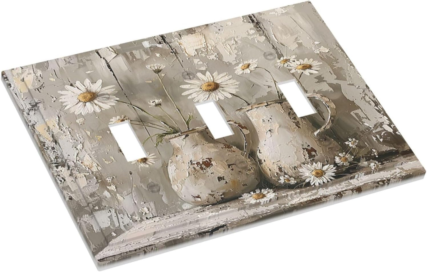 Decorative Switch Plates Vintage Rustic Floral White Daisy Flower Oil Painting Style 3 Gang Wall Plate Triple Toggle Light Switch Cover Faceplate Electrical Wall Panels for Home Farmhouse
