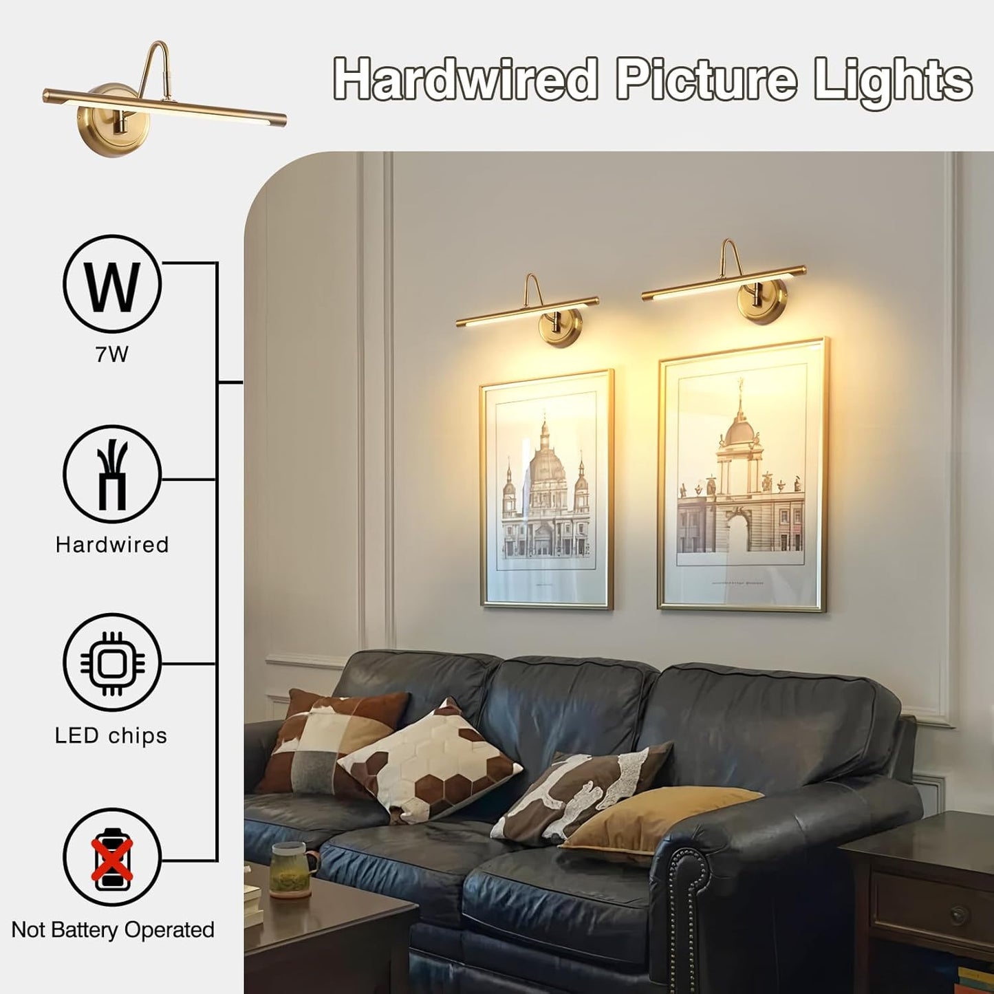 JOOSENLUX Modern Brass Picture Light Hardwired - 16.54'' for Wall Painting and Artwork Display - 7W LED Wall Lights(45W Eqv.) - Warm White 3000K - Hard Wired Connection with Swing Arm