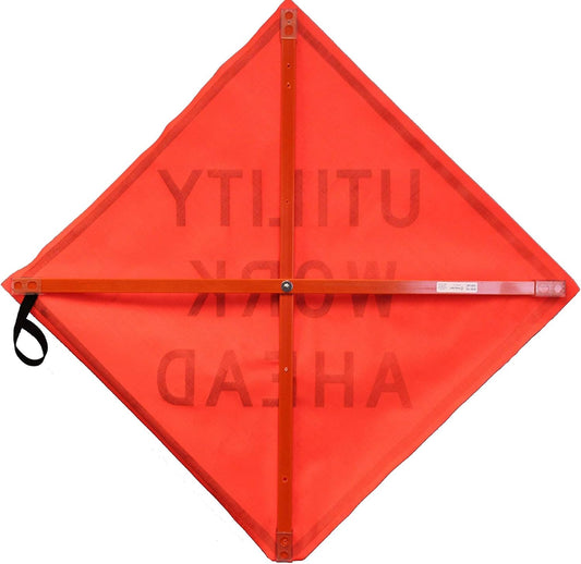 48 inch MESH Roll-Up Warning Sign. Legend: Utility Work Ahead