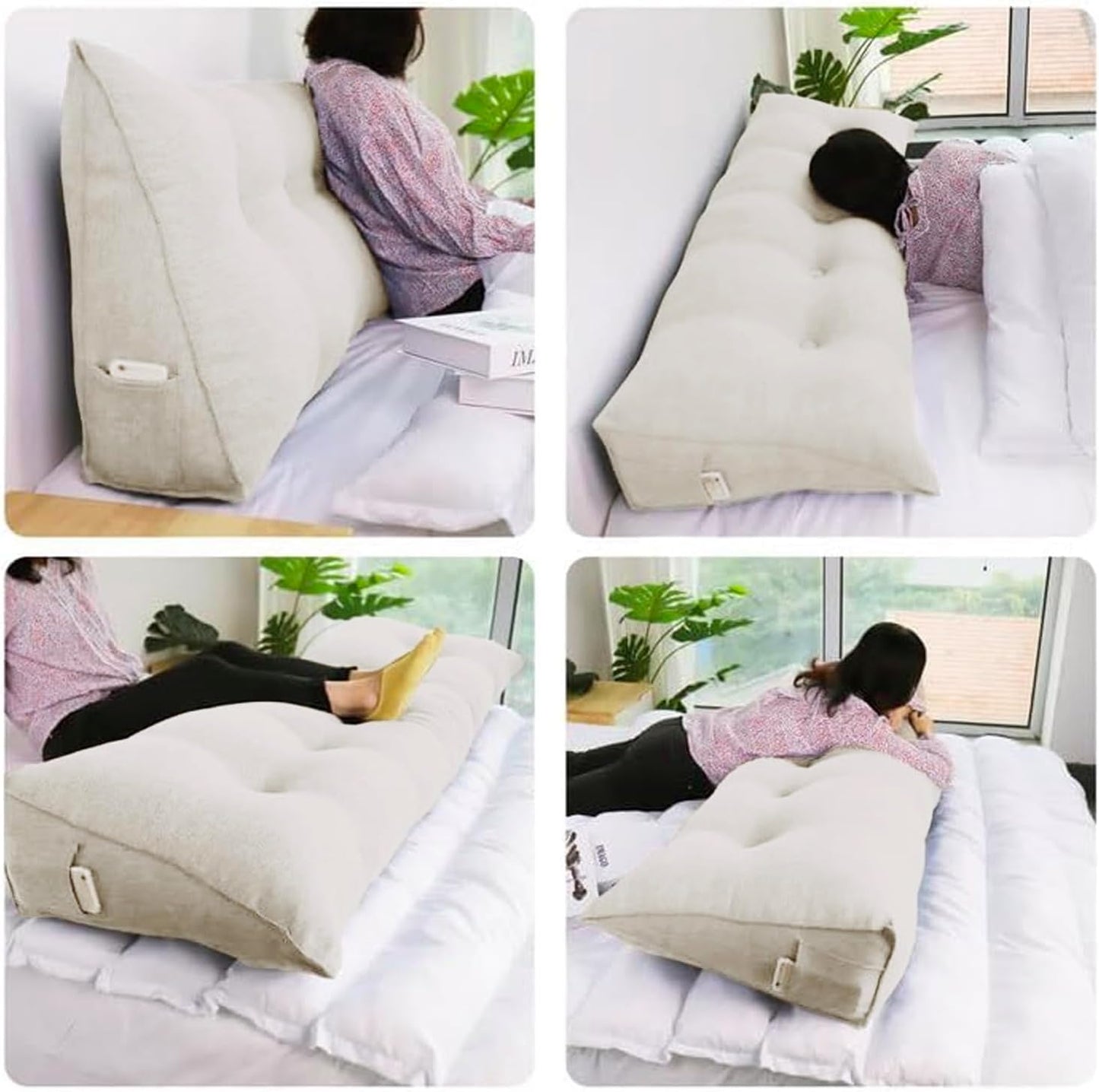 WOWMAX Triangular Headboard Pillow Bed Wedge Pillow for Headboard Full Size Wedge Pillows for Daybed Large Bolster Pillow for Bed with Removable Cover, 85% Linen 15% Cotton Blend, Pure White