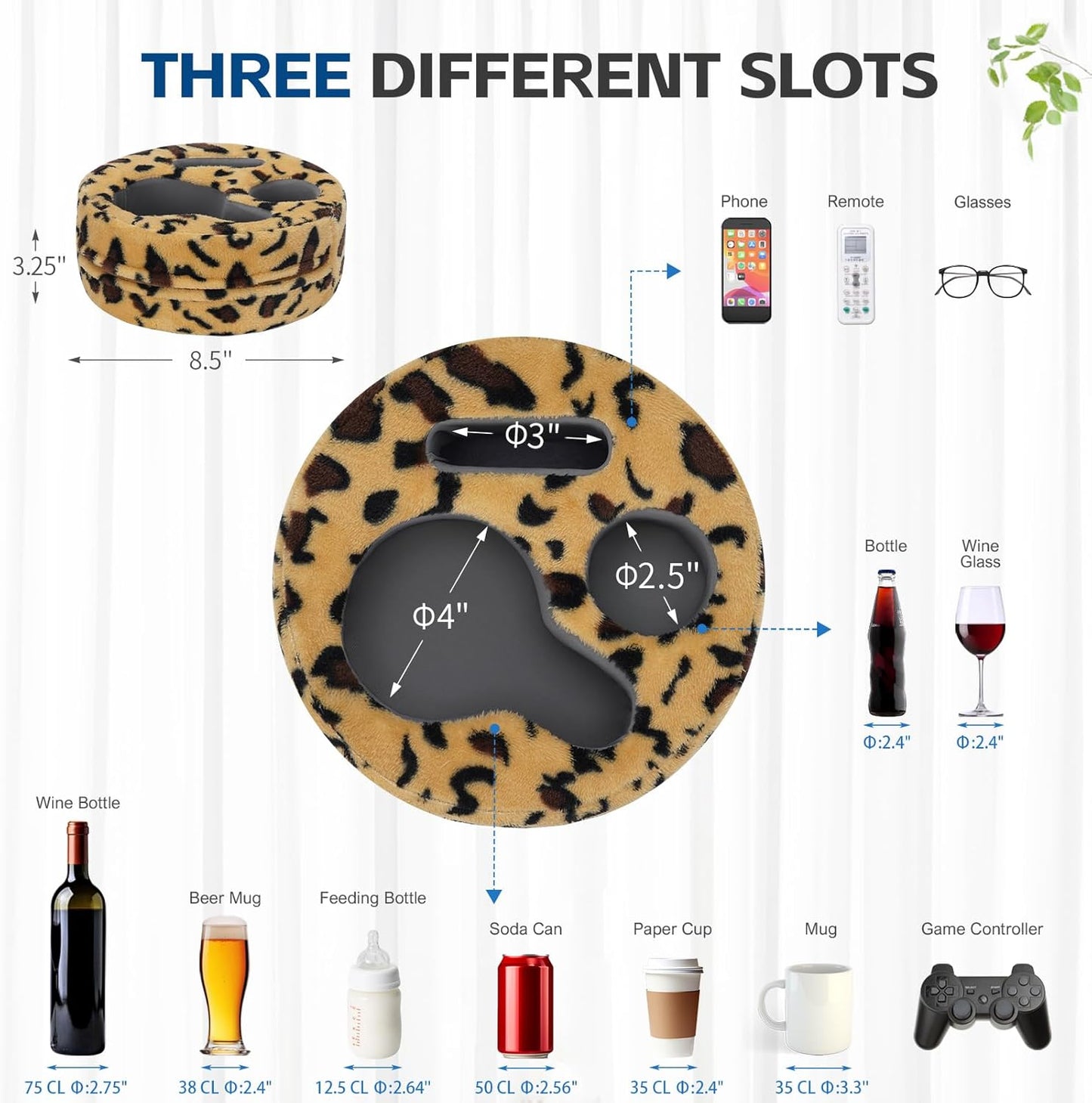 G GOOD GAIN Couch Cup Holder Pillow, Cute Sofa Drink Cup Holder Cozy Buddy | Desk Organizer for Mugs, Snacks, Phone, Makeup | Bed Caddy Tray for Car, Beach, Picnic, Boat, RV, Table (Cheetah)