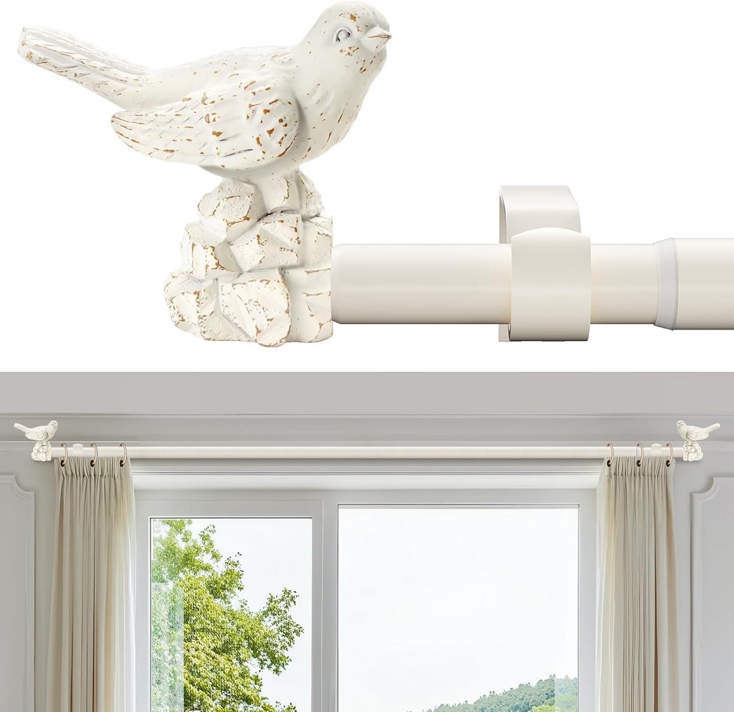 Curtain Rod 36 to 168 Inches White Curtain Rods for Windows Adjustable Drapery Rod with Bird Finials Heavy Duty Window Curtains Rods for Living Room Bedroom