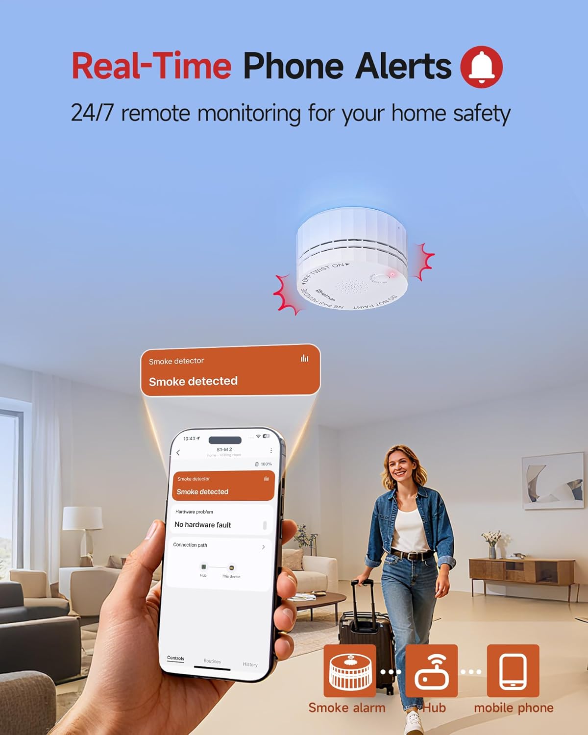 Heiman Matter Smoke Detector, Smart Photoelectric Fire Alarm, Ul217-9Th Listed, Battery Powered, Real-Time Notification, Compatible With Smartthings, Home Assistant, Mini Portable For Home, Rv, Travel