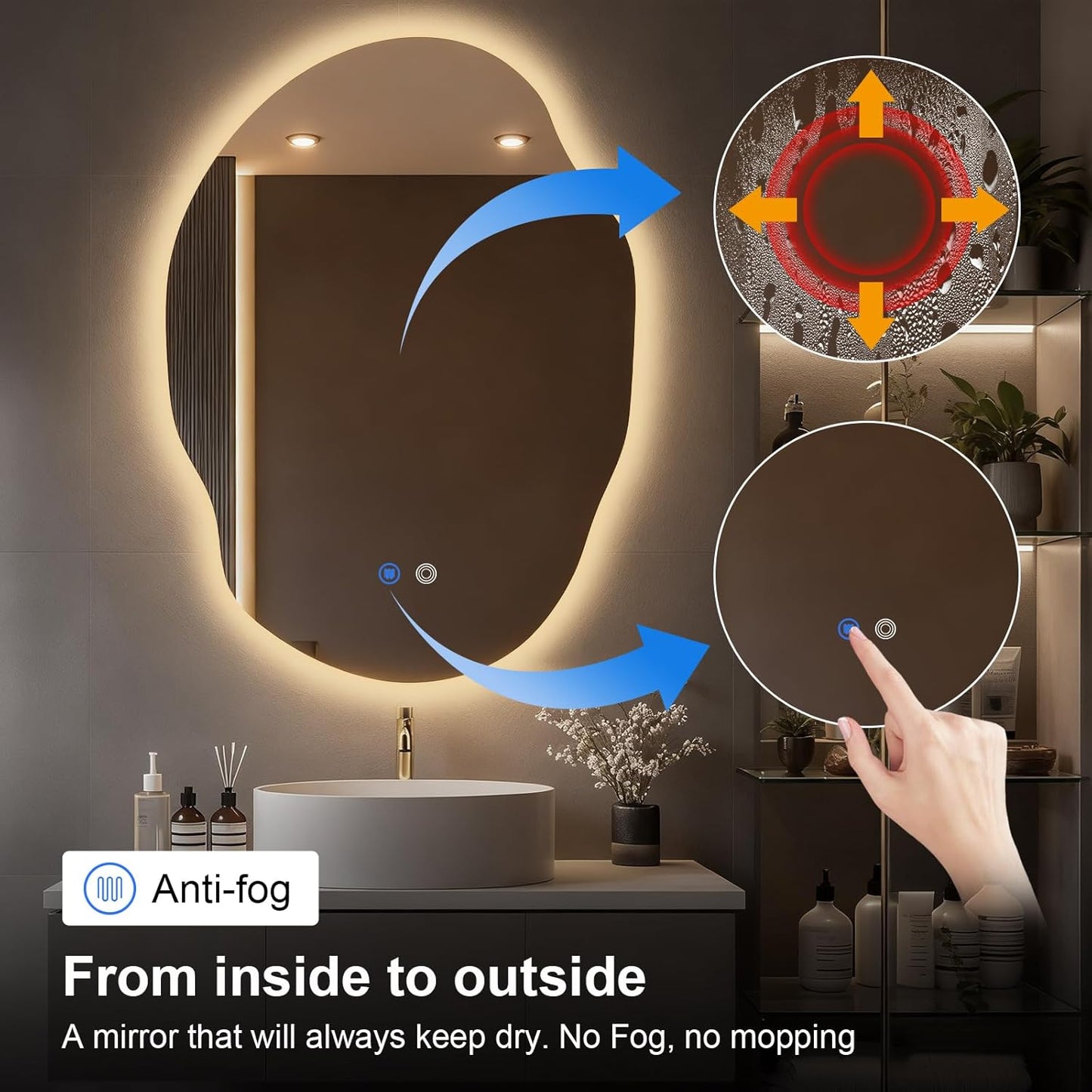 Asymmetrical Bathroom Mirror with Lights,Irregular LED Bathroom Vanity Mirror with Backlit,Anti-Fog,3 Colors and Dimmable Light with Memory,Hardwired Supported[Horizontal/Vertical] 40" H x 30" W
