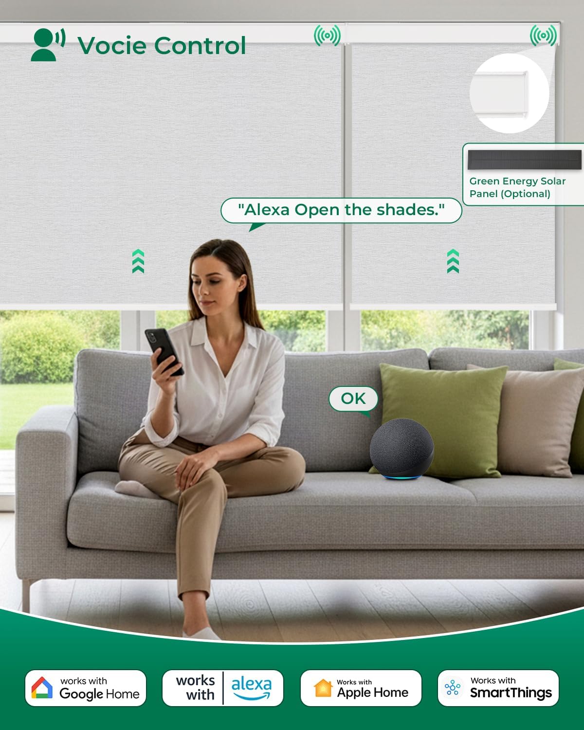 Allesin Motorized Roller Blinds – Rechargeable Smart Shades with Remote & Quiet Motor, Top/Bottom Aluminum Rails, Alexa-Compatible for Window (Custom Size, 100% Blackout Fog-Slub)