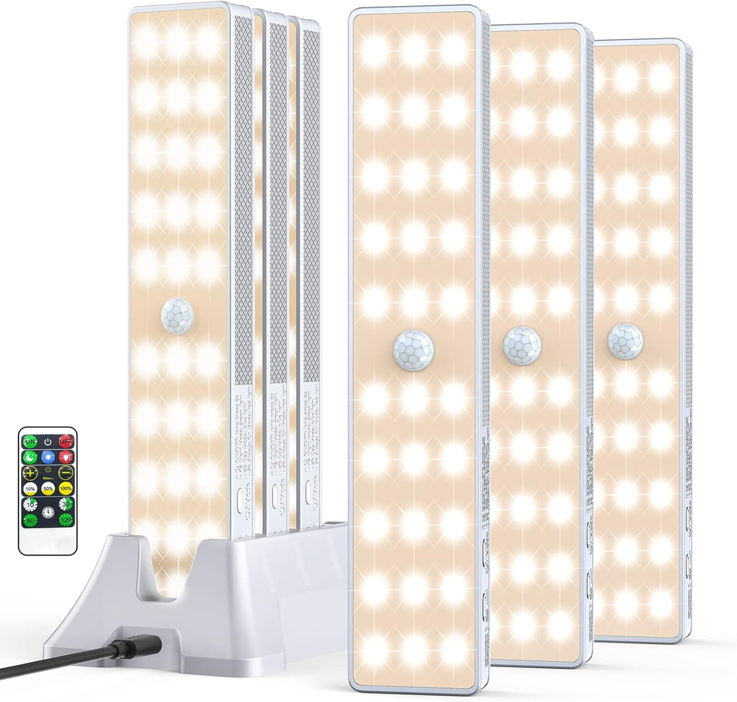 LED Closet Light with Charging Station, 6 Pcs 30LEDs Rechargeable Motion Sensor Under Cabinet Lighting, Stick-Anywhere Night Safe Light Bar for Wardrobe,Kitchen-Warm White