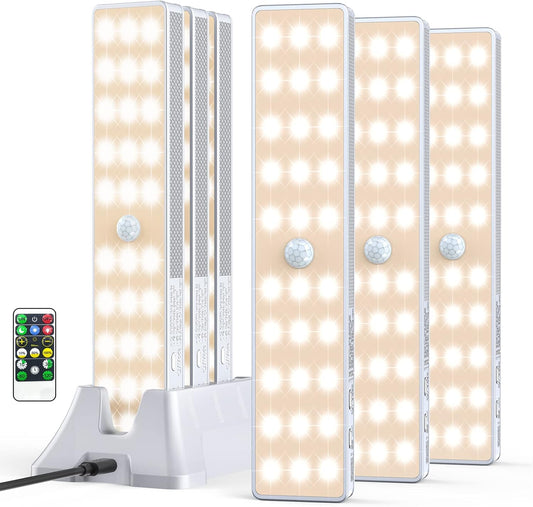 LED Closet Light with Charging Station, 6 Pcs 30LEDs Rechargeable Motion Sensor Under Cabinet Lighting, Stick-Anywhere Night Safe Light Bar for Wardrobe,Kitchen-Warm White