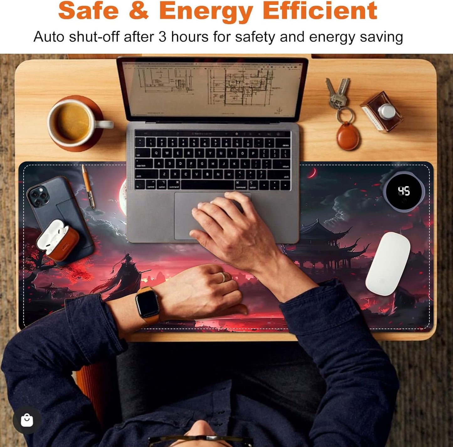 Heated Mouse Pad for Desk 31.5" x 13" – PU Leather Warm Desk Pad with 3 Heat Levels (104°F/113°F/122°F), Plug-in Electric Heating Mat with Auto Shut-Off, Waterproof & Rollable, Bloody Moonlight