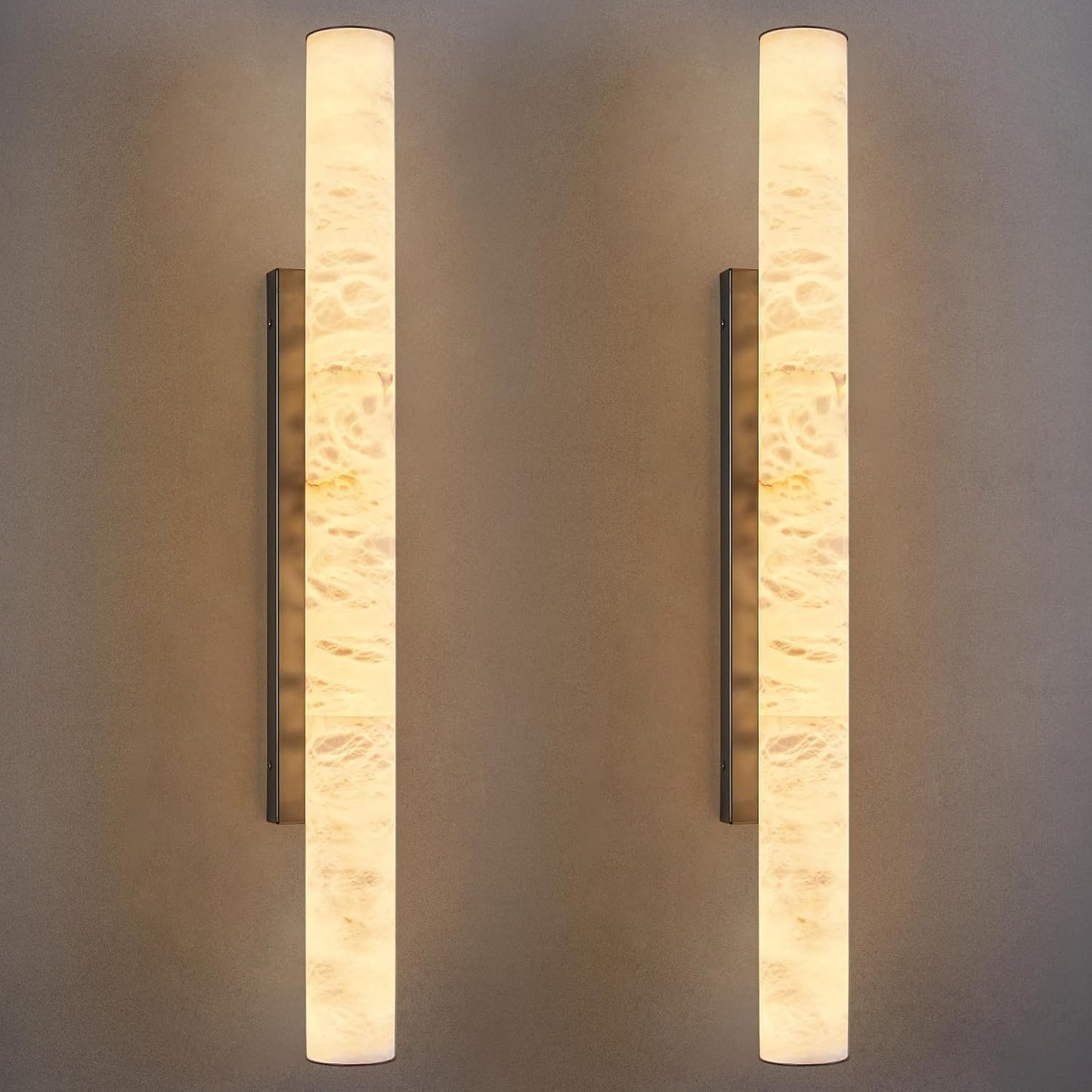 LMQNINE Natural Alabaster Wall Sconces Set of Two Spanish Marble Wall Light Cylinder Modern Black LED Sconce for Living Room Bedroom Bathroo Stairs（L-2Pack）