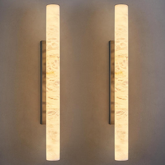 LMQNINE Natural Alabaster Wall Sconces Set of Two Spanish Marble Wall Light Cylinder Modern Black LED Sconce for Living Room Bedroom Bathroo Stairs（L-2Pack）