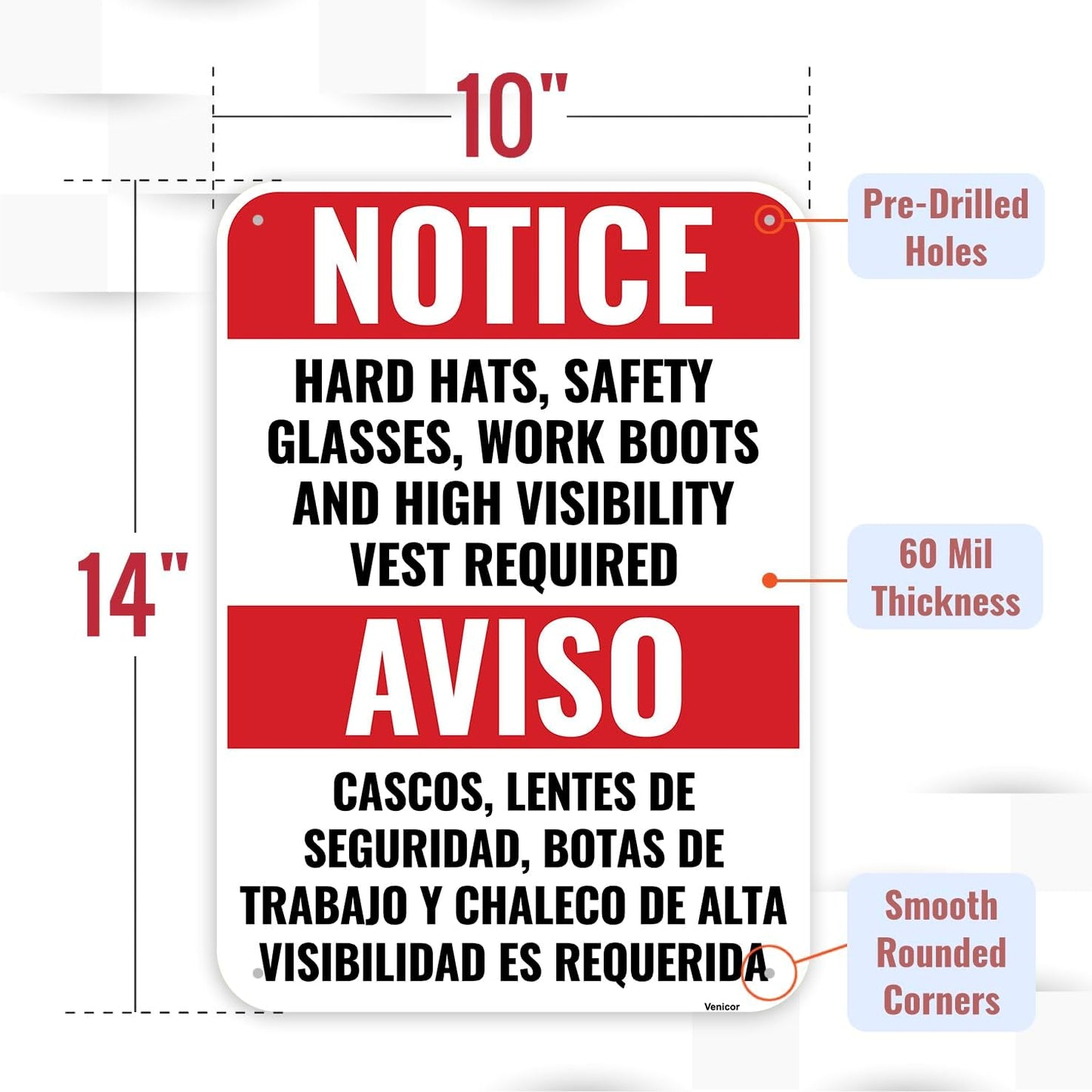 1PC Construction Signs, 14 x 10 Inches - Aluminum - Danger Area Under Construction Safety Site Signs For Jobsites - Bilingual Spanish