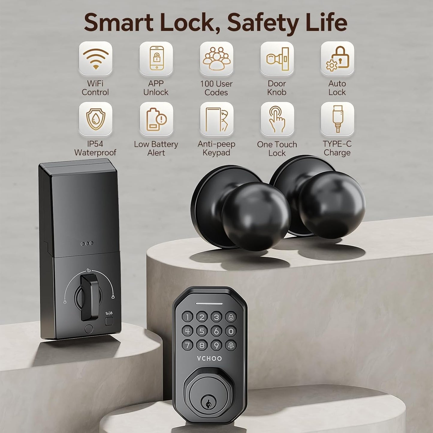 Keyless Entry Door Lock with 2 Knobs App Control Smart Locks for Front Door WiFi Door Lock Set Automatic Lock One Time Password Anti Peeping Password IP54, Black