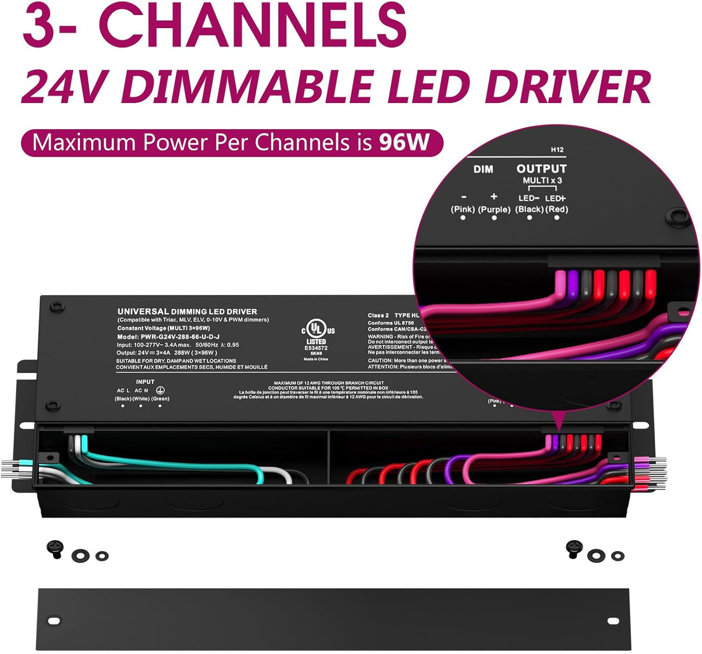 EMITEVER 288W Dimmable LED Driver, 24V 5-in-1 Dimmable Power Supply,3-Channels AC to DC Transformer for LED Light, Compatible with Lutron and Leviton Dimmer, Waterproof IP67 and UL Listed, Class 2