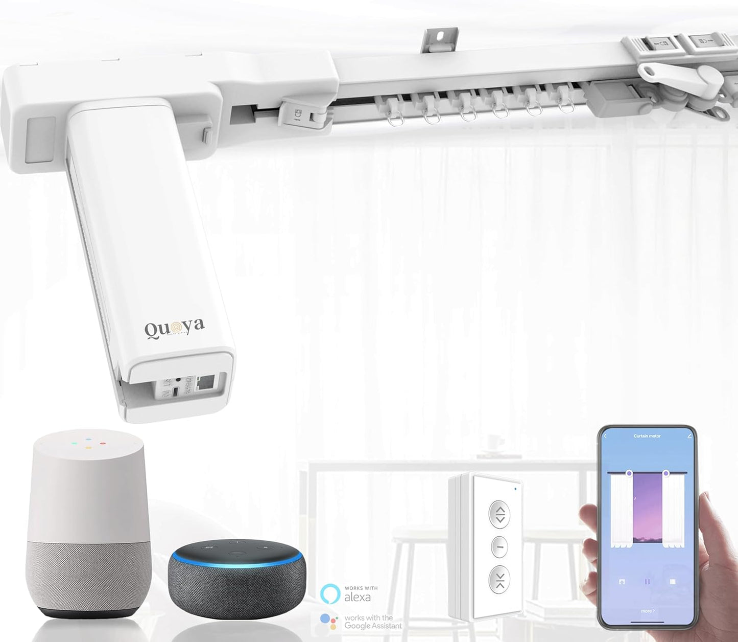 Quoya BL01 Smart Electric Curtain Track 【Beltless, Adjustable, No Cutting, Adjustable Speed, Quiet, Compatible with Alexa, Google, Siri, Apple Watch, Remote Included】(TWO WAY OPENING ONLY)