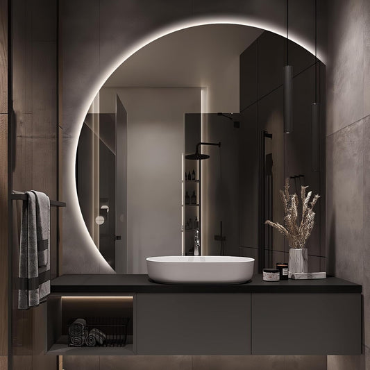 Niccy Half Moon LED Mirror for Bathroom, 44" Semi Backlit Mirrors Frameless Makeup Mirror with Light, Anti-Fog, Shatter-Proof, 3 Colors, Smart Vanity Mirrors