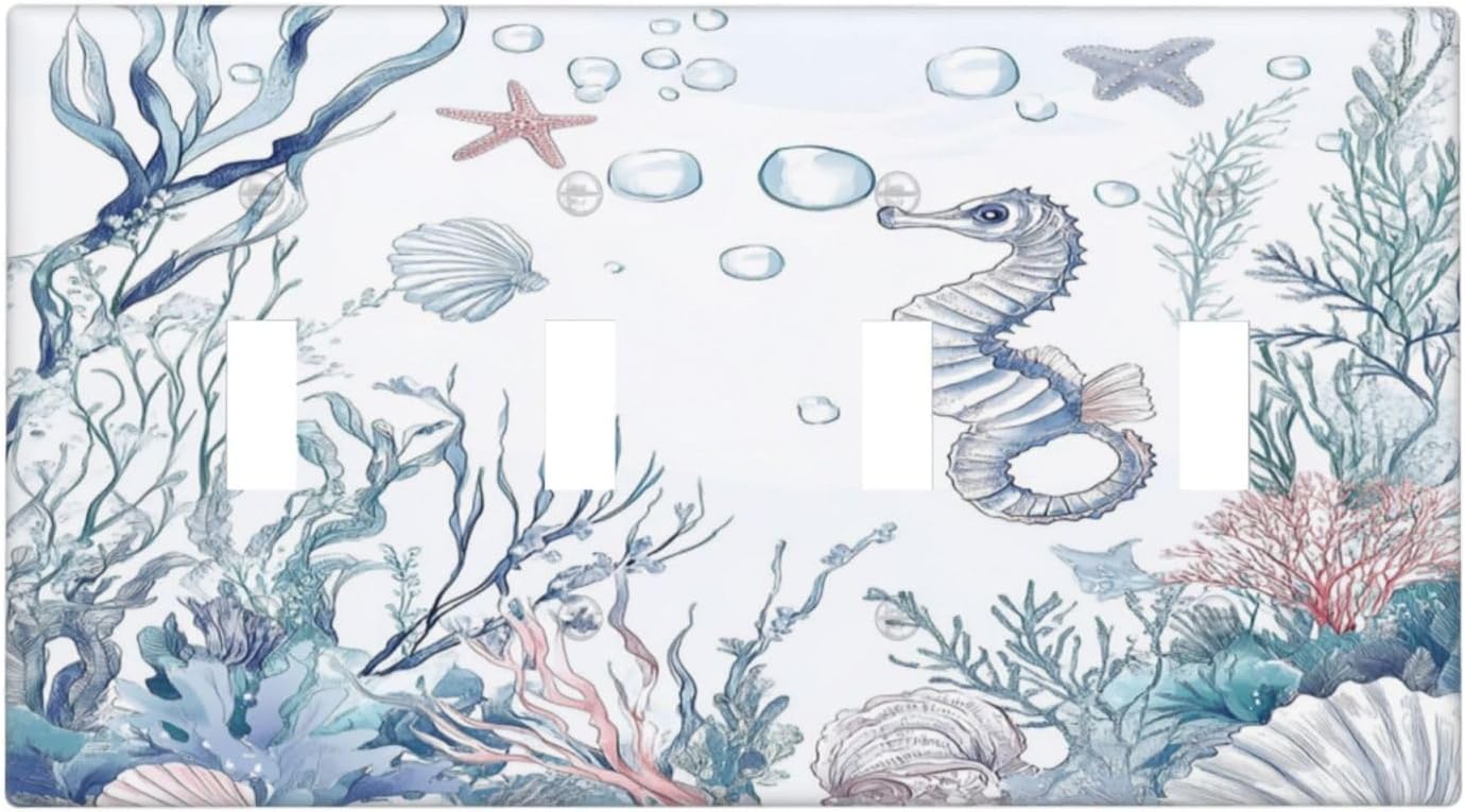 Light Switch Covers Ocean Coral Seahorse Seashell Starfish Quad Toggle Electrical Faceplate 4 Gang Wall Plate Decorative Switch Plates For Bathroom Home Decor