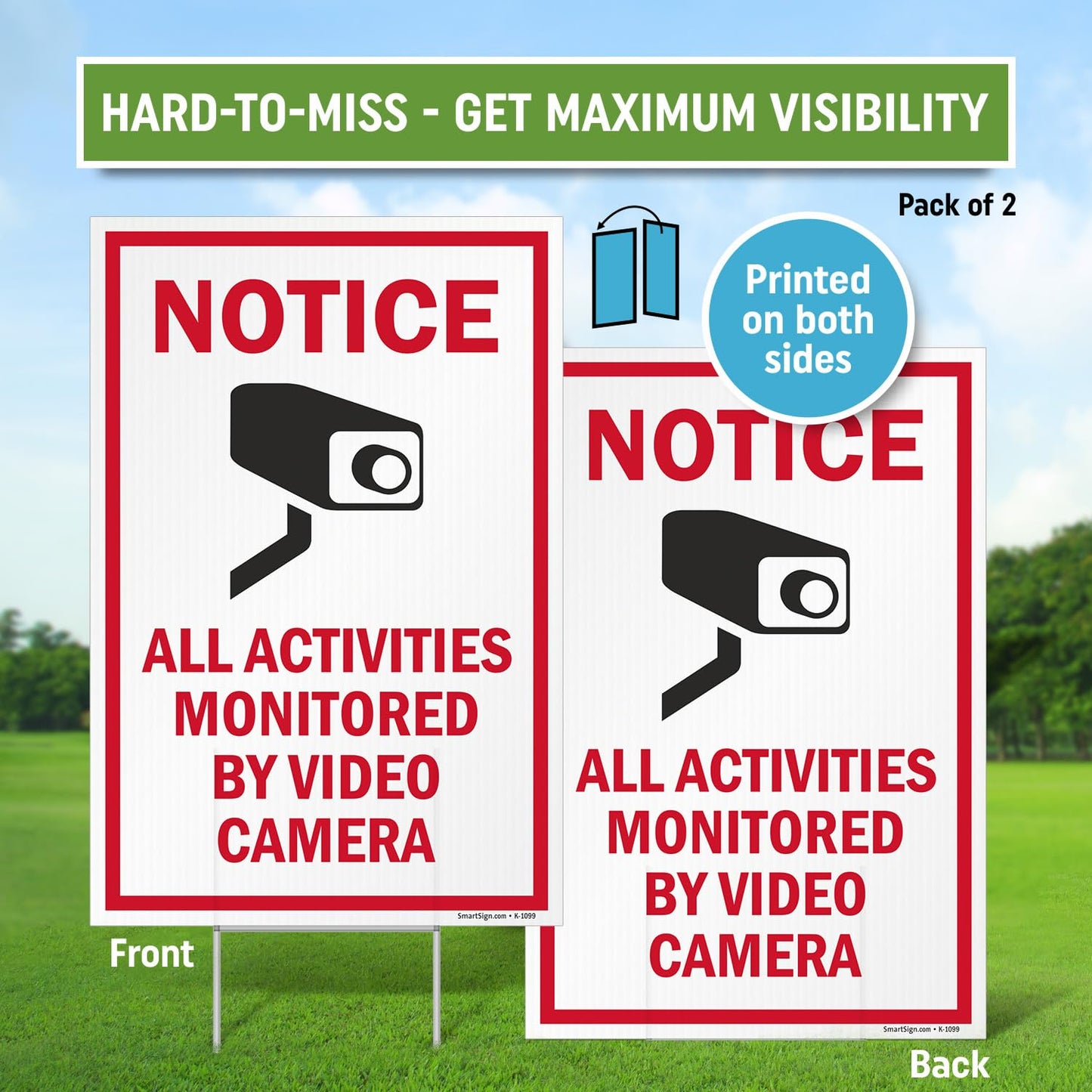 SmartSign 12" x 18" (2-Pack) All Activities Monitored By Video Camera Yard Sign with 15" Metal H-Stake, Double Sided Sign with Camera Symbol, 160 mil Thick Corrugated Plastic Lawn Signs, USA-Made