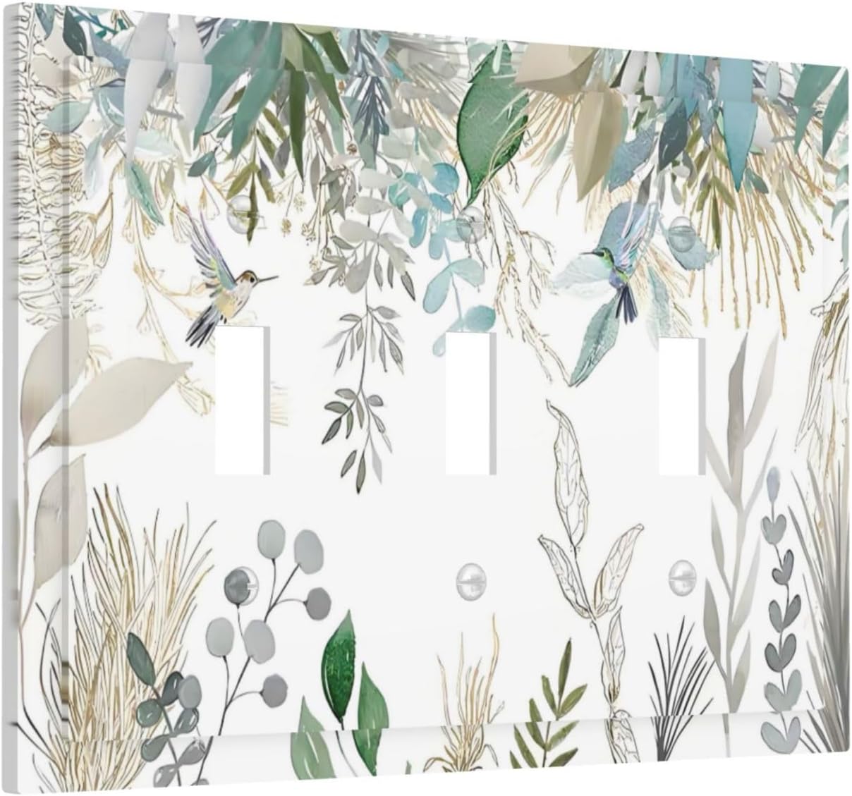 Green Tropical Palm Leaves Flower Plants Hummingbird Decorative Switch Plates 3 Gang Wall Plate Triple Toggle Light Switch Cover Faceplate Electrical Wall Panels for Bed Room Living Room Decor
