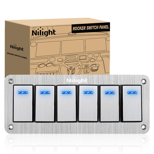 Nilight 6 Gang Rocker Switch Panel 3 Pin On Off Pre-Wired Blue LED Waterproof Aluminum with DIY Stickers for 12V 24V Automotive Cars Marine Boats UTV Truck Jeeps