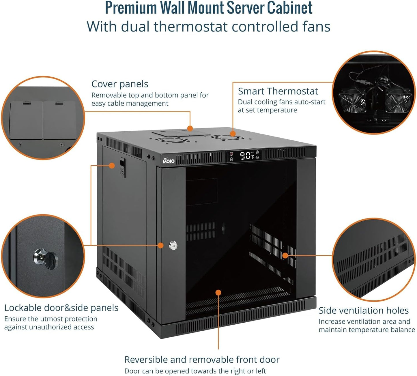 Tecmojo 9U Wall Mount Rack with Thermostat, 17.7inch Depth Enclosed Server Cabinet with 2 Cooling Fans,Lockable Door & Hardware,9U Rack for 19inch Equipments,Glass Door