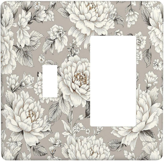 White Poppies Floral Modern Grey Peonies Flowers Outlet Covers 1 Toggle 1 Rocker Combination Light Switch Cover Plate Decorative Wall Plate Electrical Switch Plates for Bedroom Bathroom