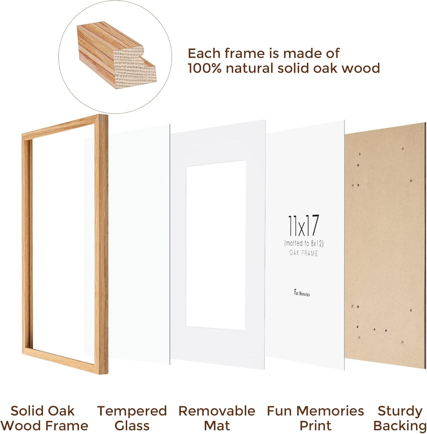 Fun Memories 11x17 Picture Frame, Solid Oak Wood 11"x17" Picture Frames, 11 x 17 Poster Frame for Wall, 11x17 Wood Photo Frame - 8x12 with Mat, Tempered Real Glass (Beige Oak Color, 1 Pack)