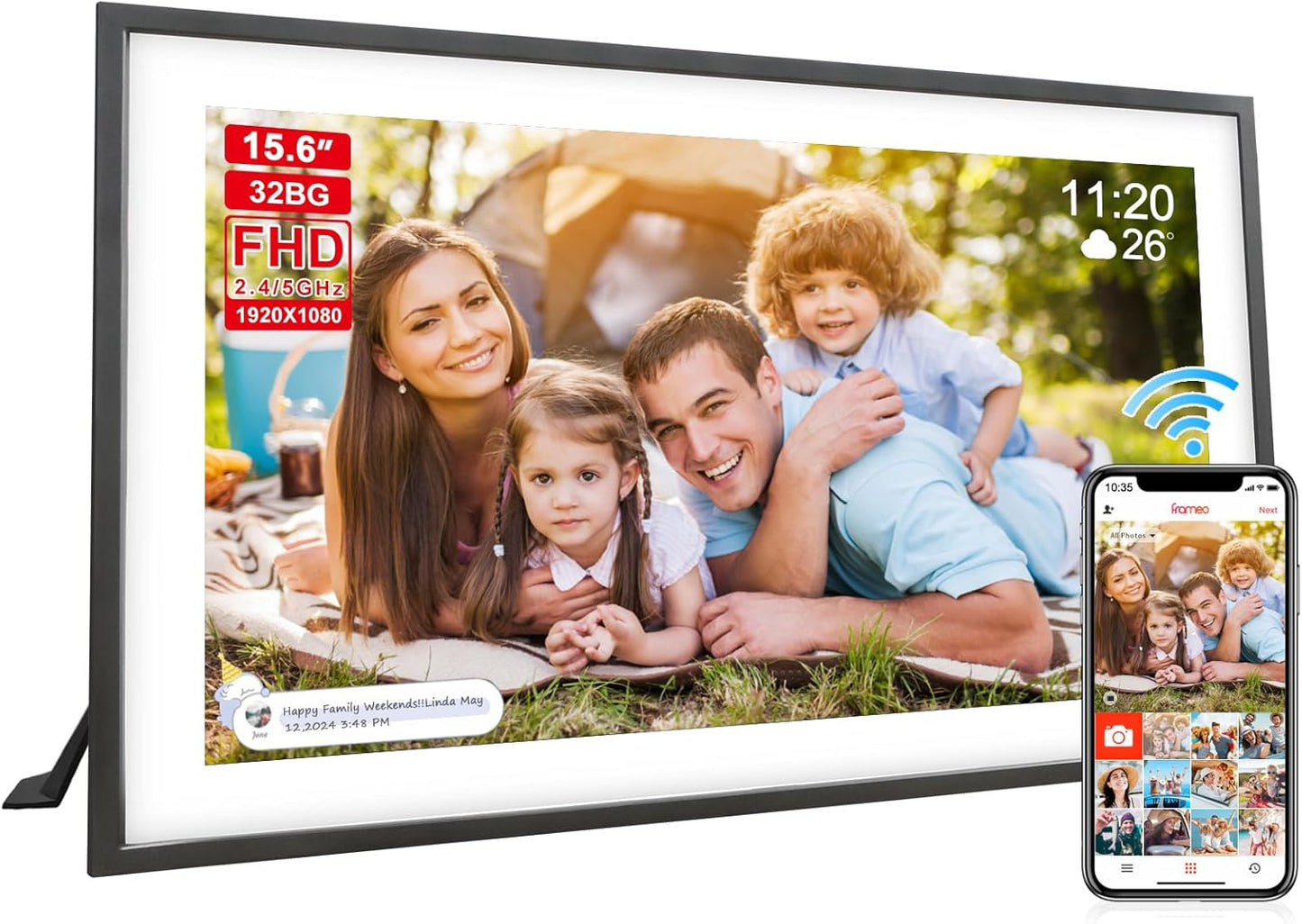 Digital Picture Frame 15 Inch Large Frameo Digital Photo Frame，32GB, 1920 * 1080 IPS HD Touch Screen, Electronic Picture Frame IPS Touch Screen with Auto-Rotate, Frameo Digital Frame WiFi