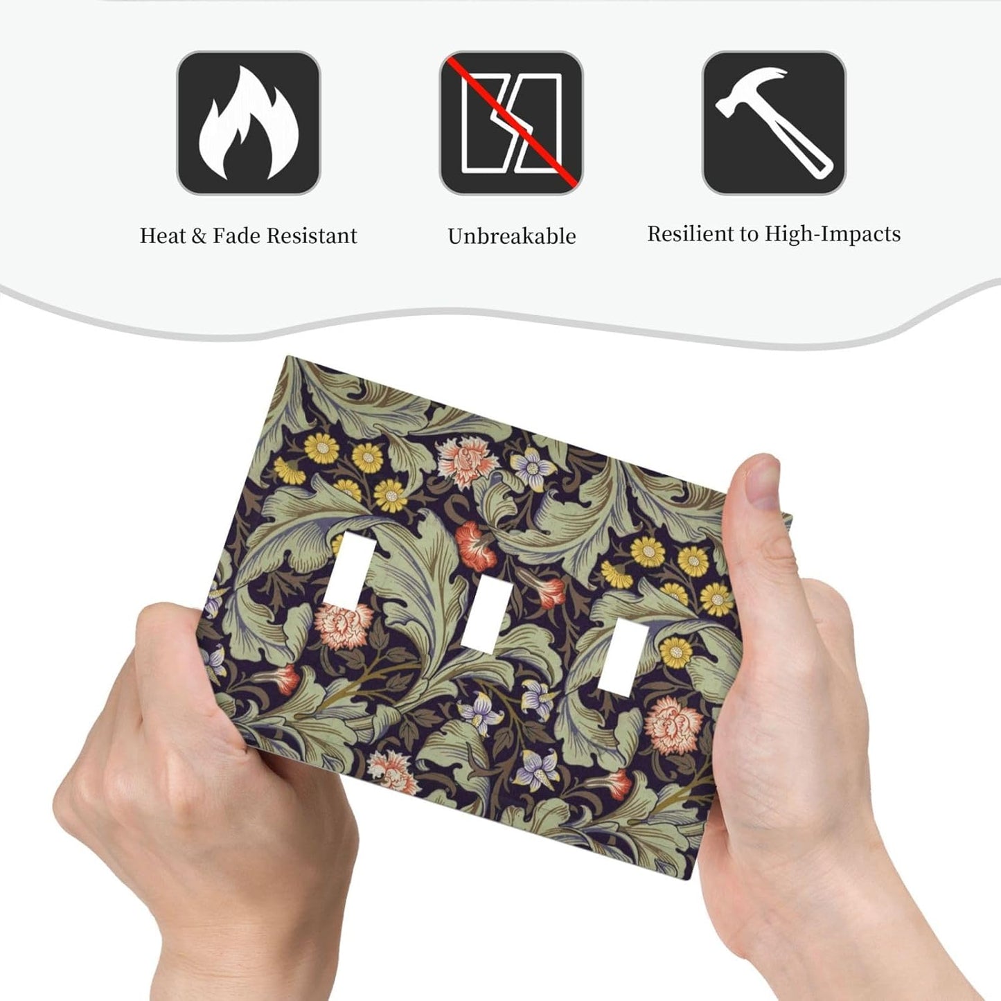Boho William Morris Floral Green Leaves Flower Decorative Switch Plates 3 Gang Wall Plate Triple Toggle Light Switch Cover Faceplate Electrical Wall Panels for Farmhouse Home Decor