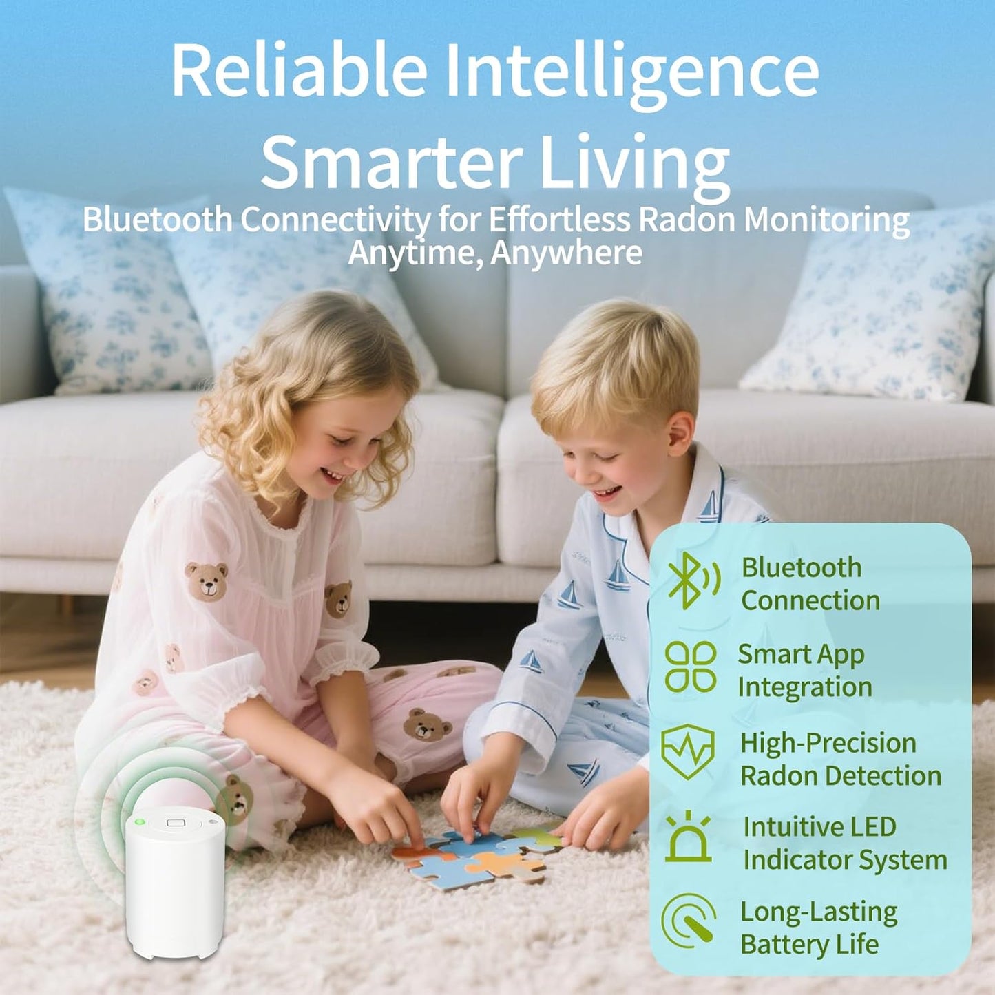 Bluetooth Radon Detector for Home, High-Precision Sensor, Real-Time Radon Gas Monitoring, Short & Long-Term Data with Trend Charts, App Control, Rechargeable Battery, LED Alerts