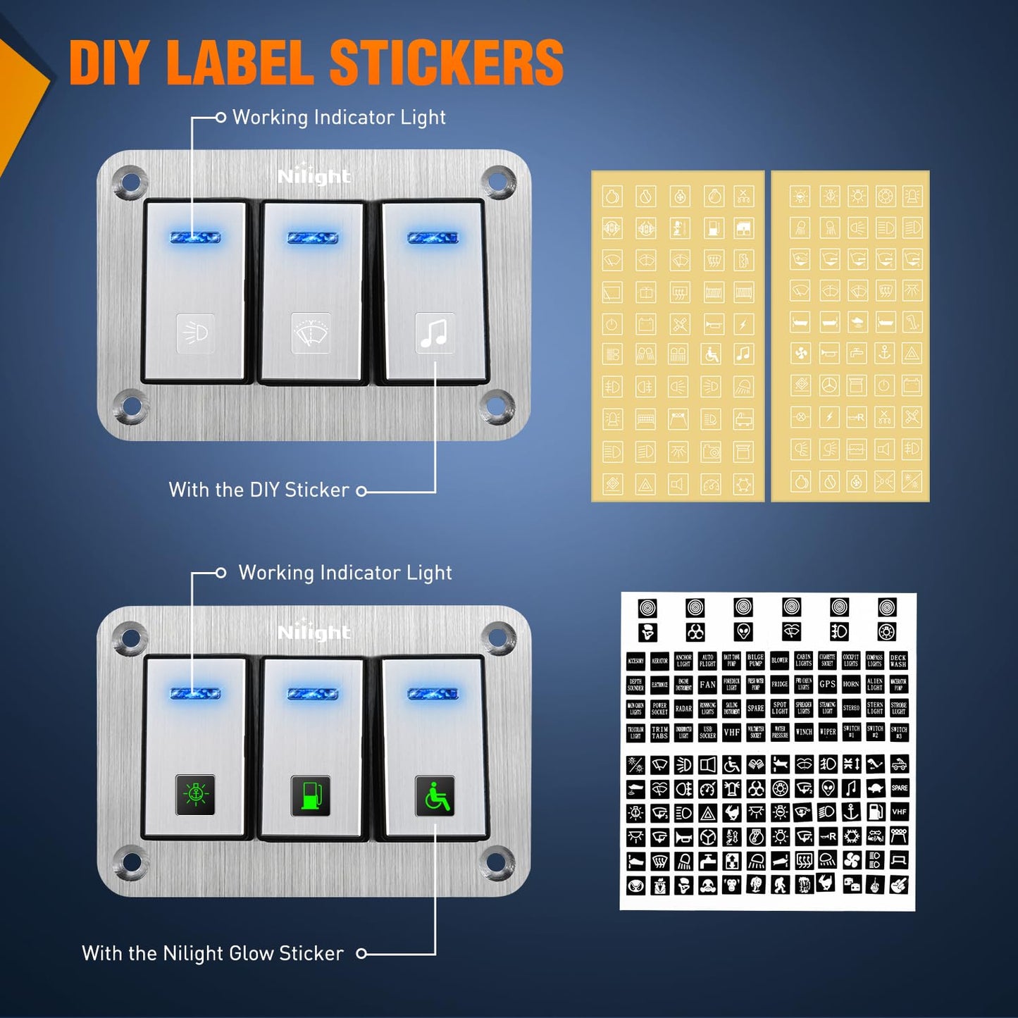 Nilight 3 Gang Rocker Switch Panel 3 Pin On Off Pre-Wired Blue LED Waterproof Aluminum with DIY Stickers for 12V 24V Automotive Cars Marine Boats UTV Truck Jeeps