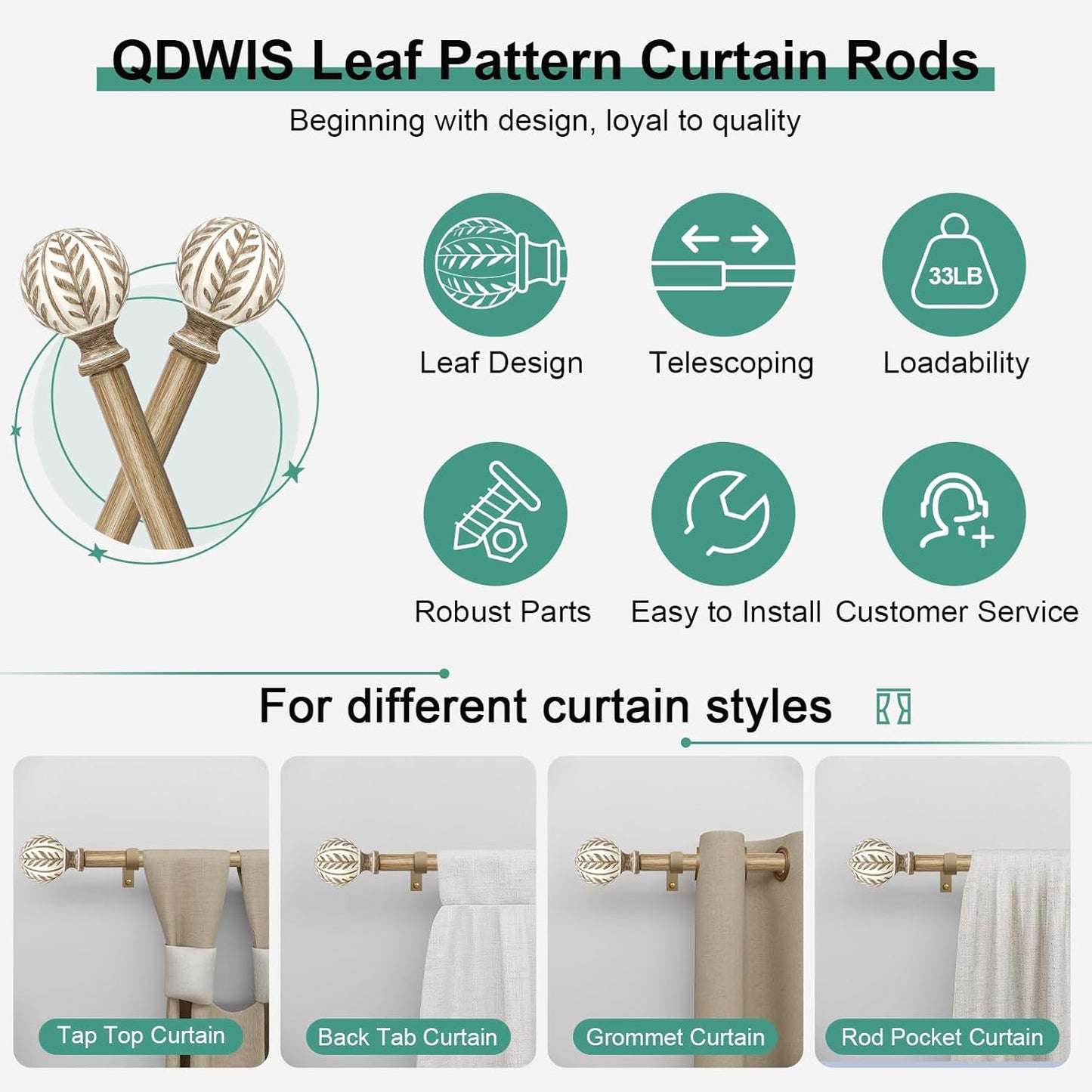 Boho Wood Curtain Rods for Windows 48 to 84 inch,1" Adjustable Heavy Duty Window Curtain Rod with Imitation Wood Grain Finials,Rustic Decorative Drapery Rods Set,Size:36-88'',Weathered Wood