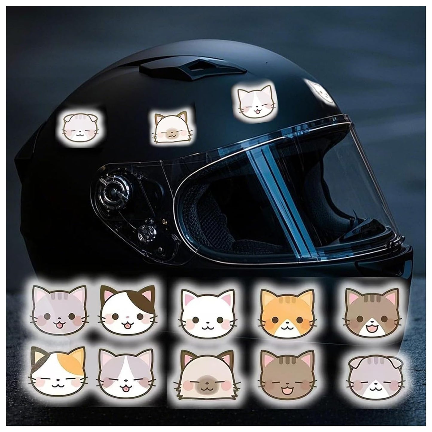 Reflective Stickers 50 Pcs, Outdoor Waterproof High Visibility Warning Safety Adhesive Reflector (1.5" X 1.8", Cat face)