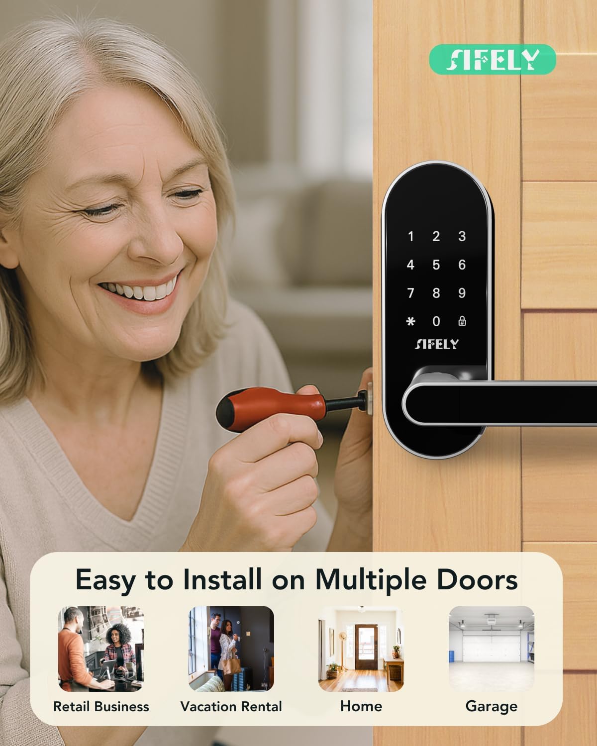 Built-in WiFi Smart Door Lock with Handle – Keyless Entry via App, Codes, Cards, Key, Voice & Remote Unlock, Auto-Lock, Access Logs, Family Sharing, Works with Alexa & Google, Great for Home & Rental