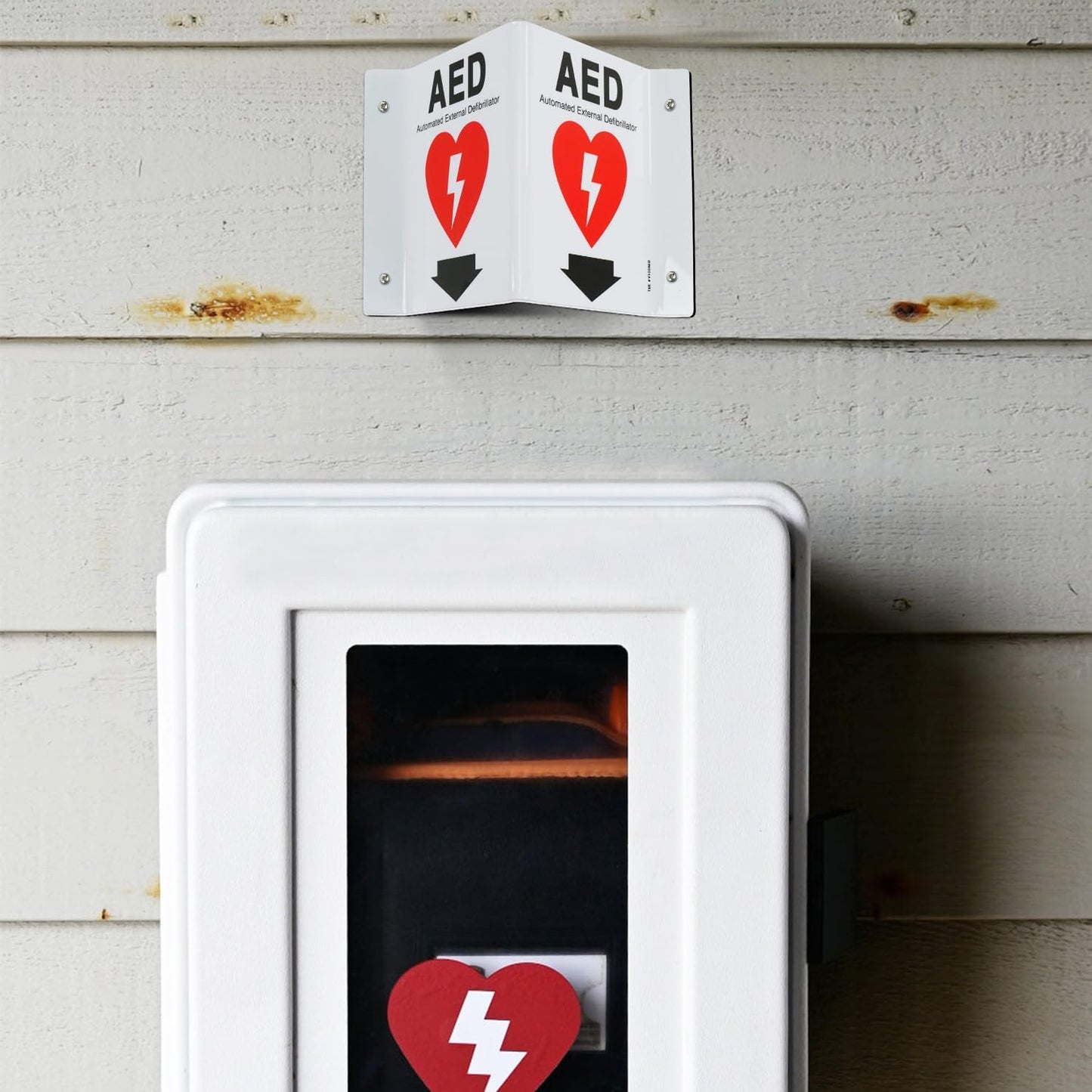 T&R AED Sign, Automated External Defibrillator with Down Arrow - 4 Pack - 8 x 6 Inches Acrylic, 4 pre-drilled holes, Includes Matching Screws, Use for Office/Business