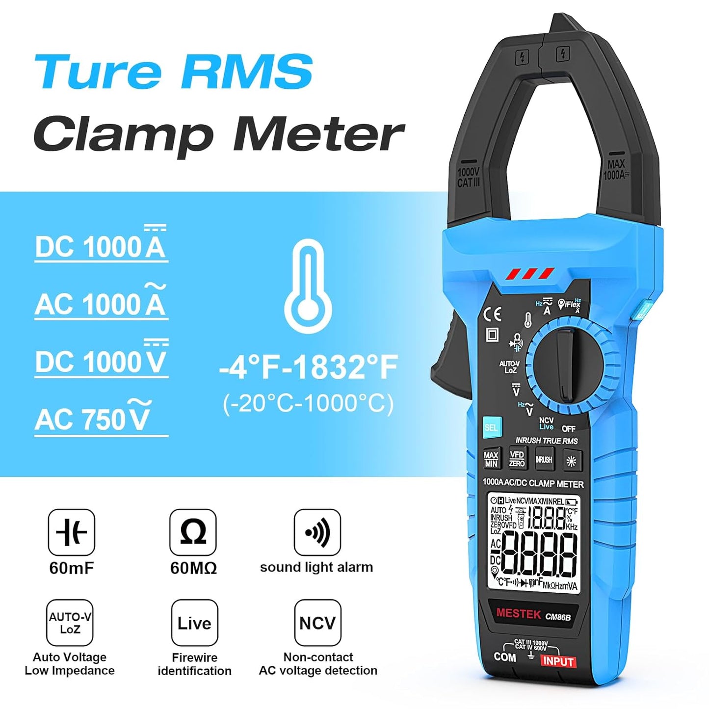 MESTEK Inrush Digital Clamp Meter, TRMS 6000 Counts Multimeter Voltage Tester with VFD & LOZ Mode, 1000A AC/DC Current Amp Meter with Resistance, Capacitance, Diodes, Continuity, Temperature, NCV