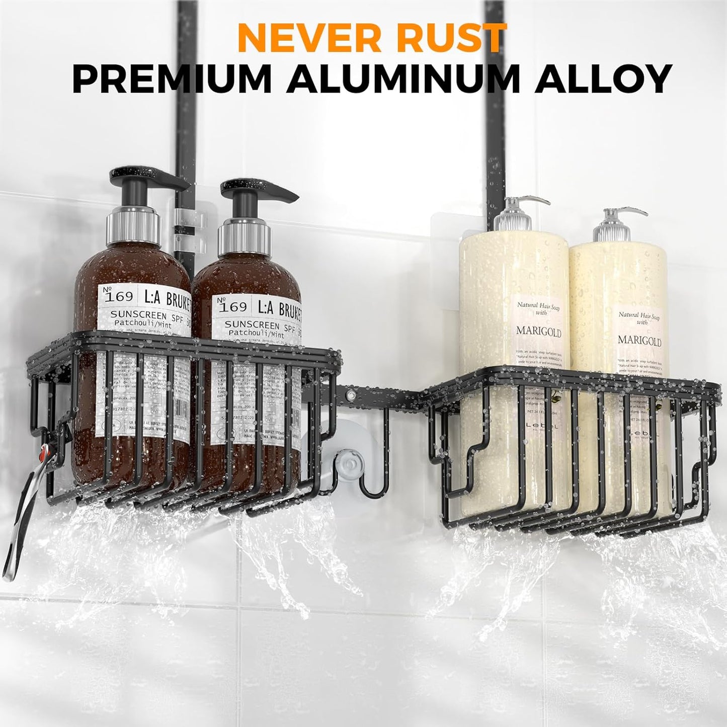 REINHARDT Aluminum Shower Caddy Hanging Adjustable Shower Caddy, Rustproof Hanging Shower Organizer with Hooks Soap Holders, Over Shower Head Caddy for Handheld Showerhead, Black