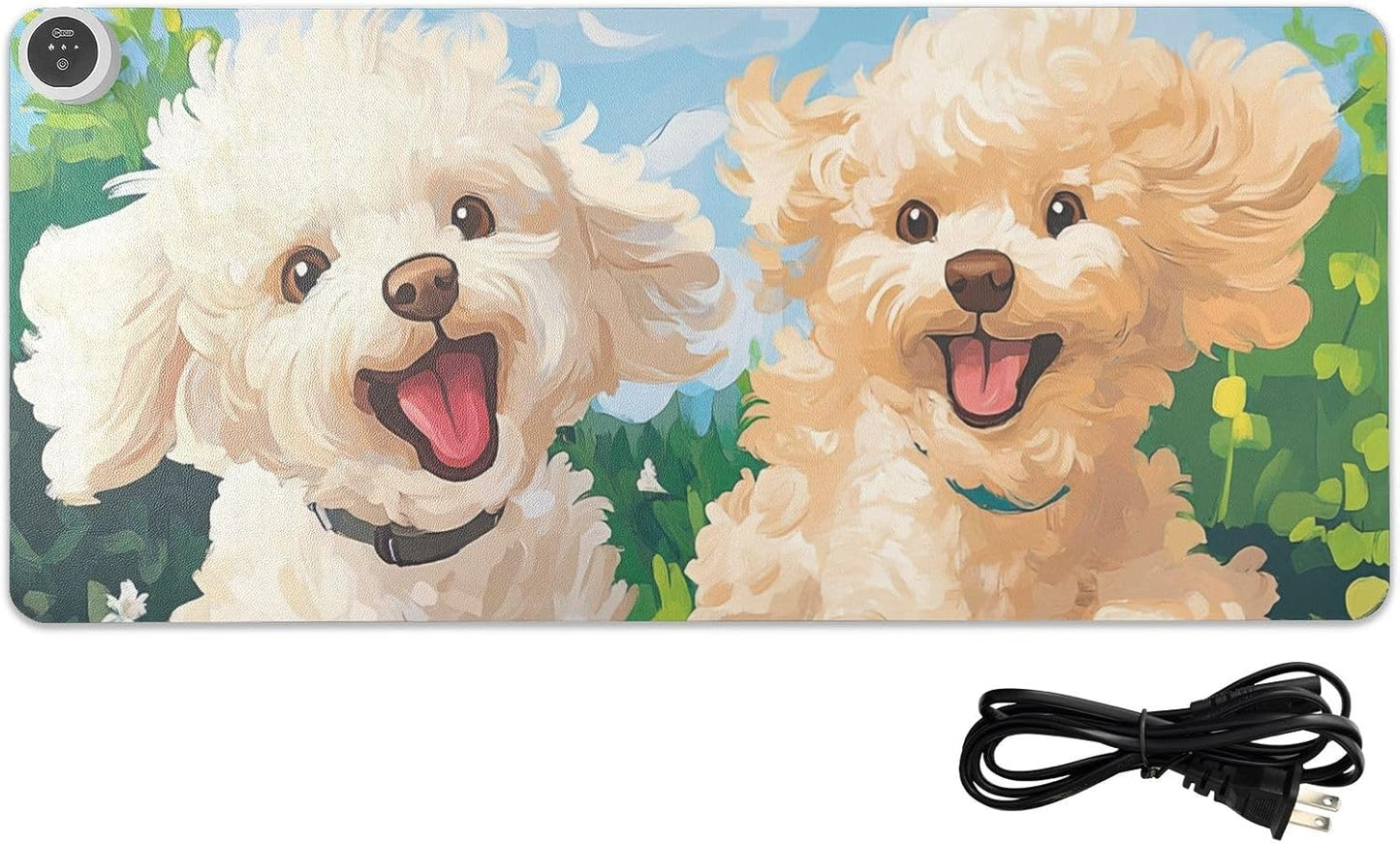 Heated Desk Pad Mouse Pad 31.5x13 Inch PU Leather Desk Mat with 3 Heat Levels Large Mouse Gaming Computer Laptop Mat Spring Running Poodle Dogs