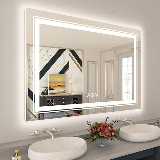 WTTY LED Bathroom Mirror 48"x32" with RGB Backlit and Front Light,Stepless Dimmable LED Mirror for Bathroom,Colored Lighted Bathroom Vanity Mirror,Anti-Fog,Memory Function,Shatter-Proof