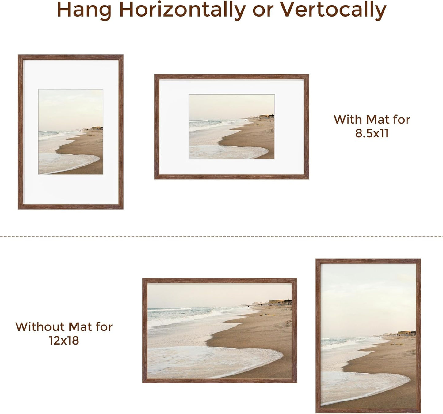 Fun Memories Solid Oak Wood Picture Frame 12"x18" for Wall - Tempered Real Glass, Matted to 8.5x11, Poster Frame (Walnut Color, 1 Pack)
