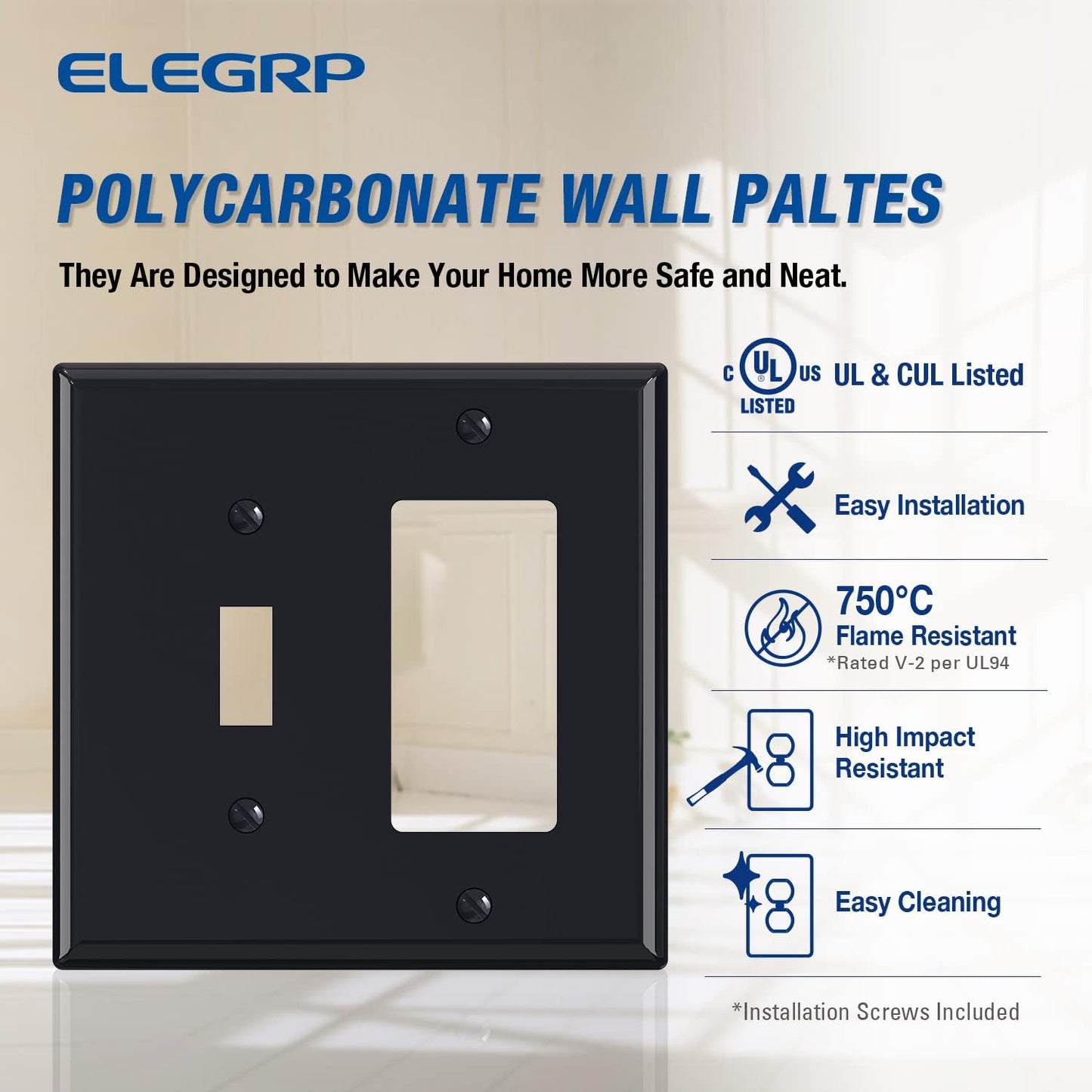 Combination Wall Plate ELEGRP 2-Gang 1-Toggle Light Switch 1-Decorator/GFCI Device Combination Wall Plates, Mid-Size 4.88" x 4.94" Unbreakable Thermoplastic Faceplate Cover, UL (1 Pack, Glossy Black)