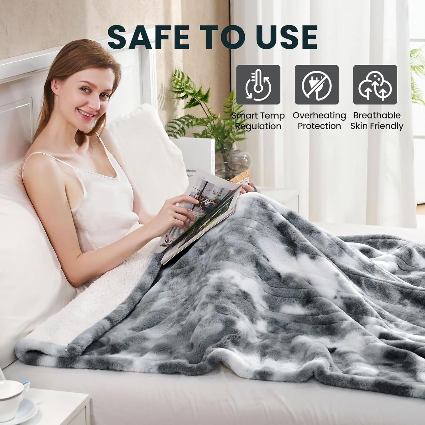 Electric Heated Blanket 50"x60",Luxury Grey Faux Rabbit Fur Electric Throw Blanket,Fast Heating Soft Fluffy Thick Electric Blanket with 6 Heating Levels & 12H Auto Off
