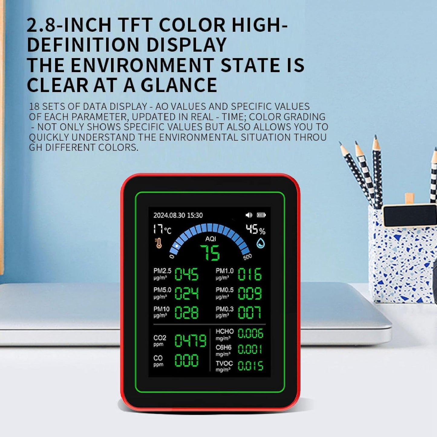 Marhynchus 18 in 1 Indoor Air Quality Monitor Air Quality Tester Air Quality Detector with CO2 TVOC HCHO PM2.5 PM10 Temp Humidity Sensor & Data Storage for Home Office