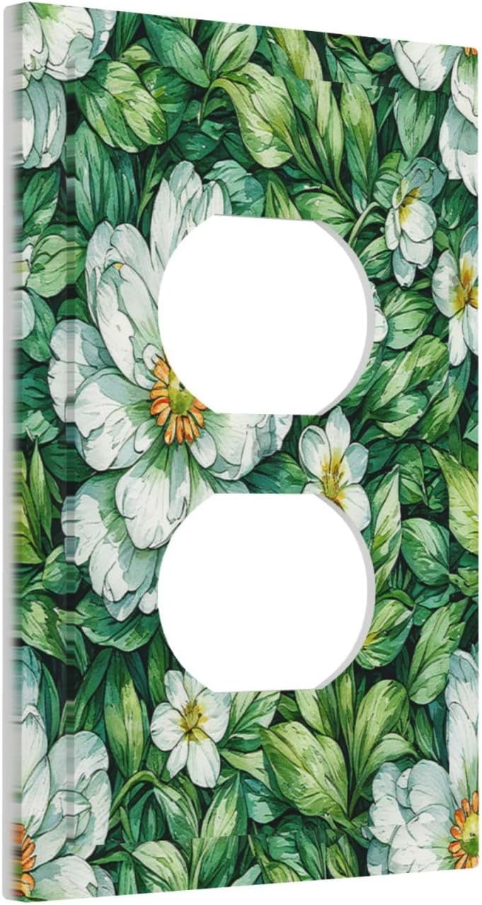 Vintage Floral White Flowers Green Plants Leaves Outlet Covers 1 Gang Duplex Light Switch Cover Wall Plate Decorative Switch Plates Electrical Receptacle Faceplate for Bedroom Bathroom Decor