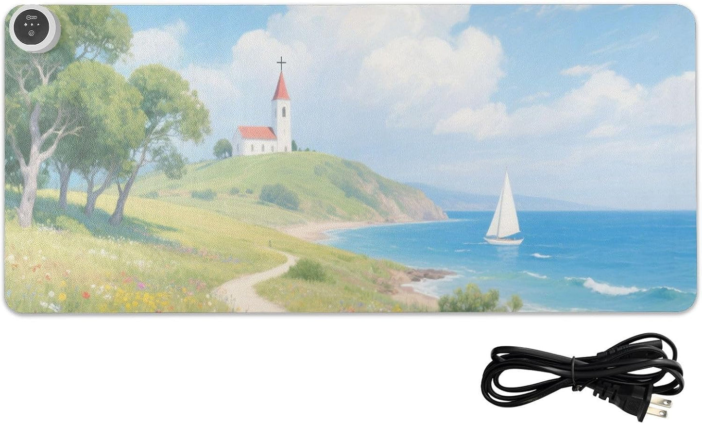 Large Heated Mouse Pad,Leather Desk Mat,31.5"x13", Hand Warmer Pads for Desk,Sea Flowers(Sky Blue)