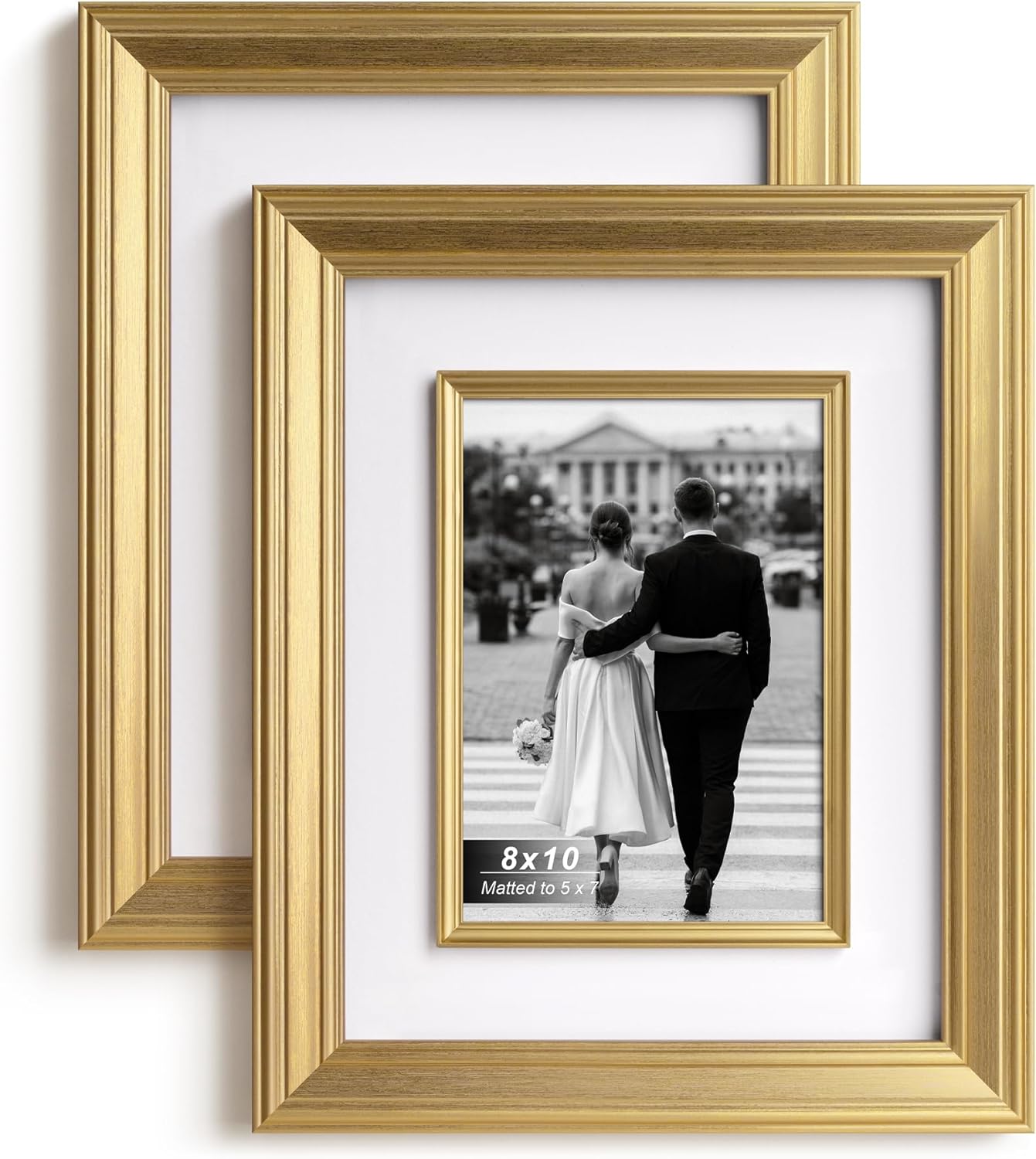 Yaetm 8x10 Gold Picture Frame with Decorative Inner Frame & Tempered Glass, Display 5x7 Photos with Mat - Portrait or Landscape - Tabletop & Wall Mount for Office & Home Décor (Gold, 2 Pack)