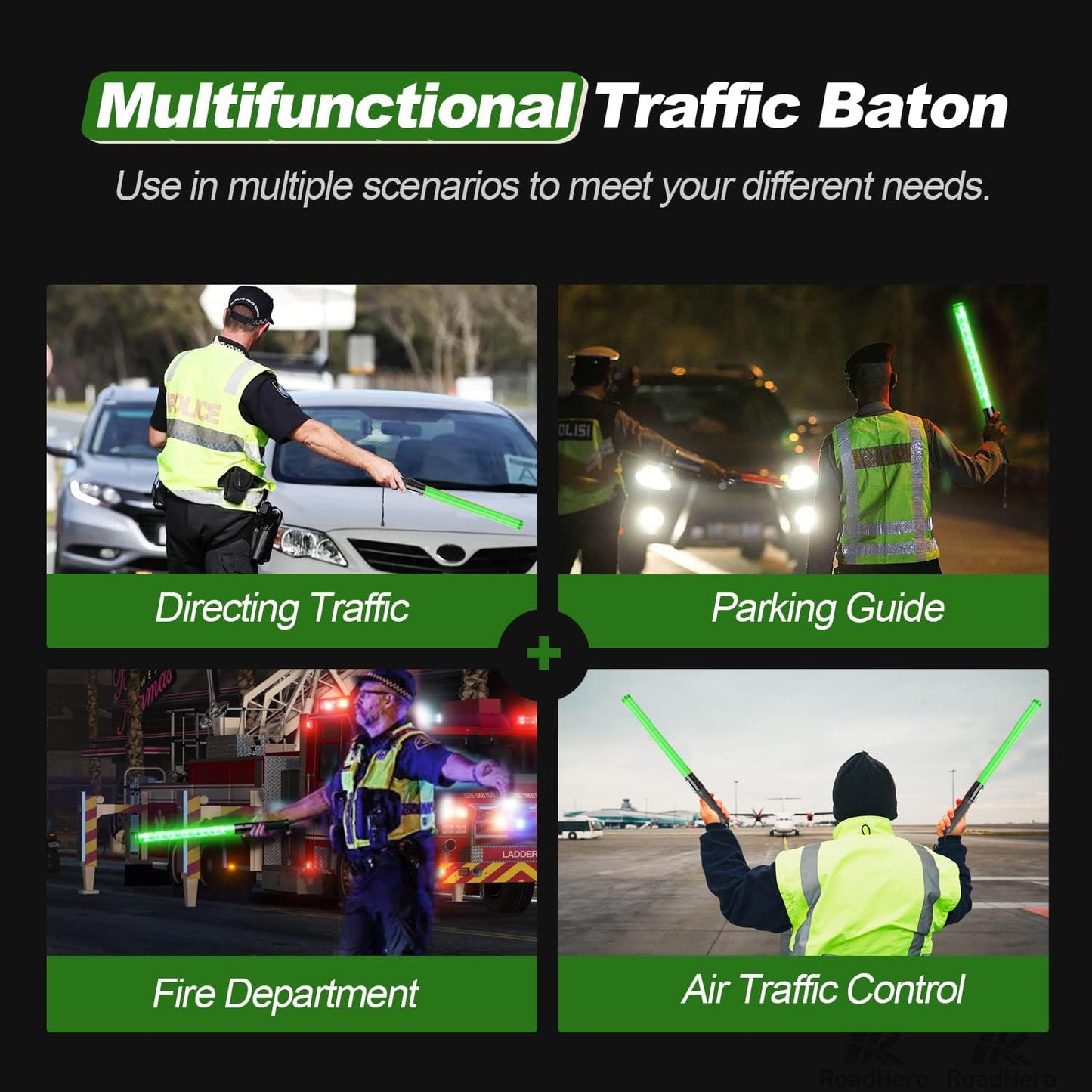 RoadHero 1 Pack 21 Inch Traffic Wands, Green Led Traffic Control Baton, Night Safety Light Wand with 2 Flashing Modes, Air Marshaling Signal Wand with Side Clip for Airport, Parking, Car Directing