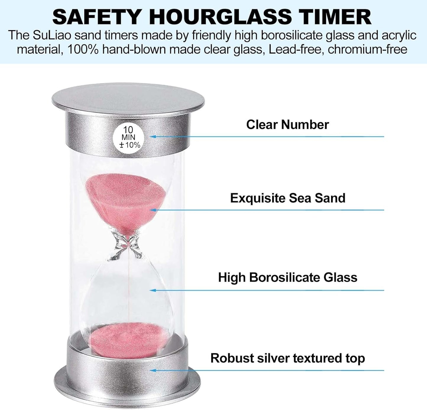 SuLiao 10 Minute Hourglass Timer Sand Clock, Unbreakable Pink Sand Watch 10 Min, Colorful Plastic Hour Glass Sandglass for Kids, Games, Decor, Classroom, Kitchen, Toothbrush Timer