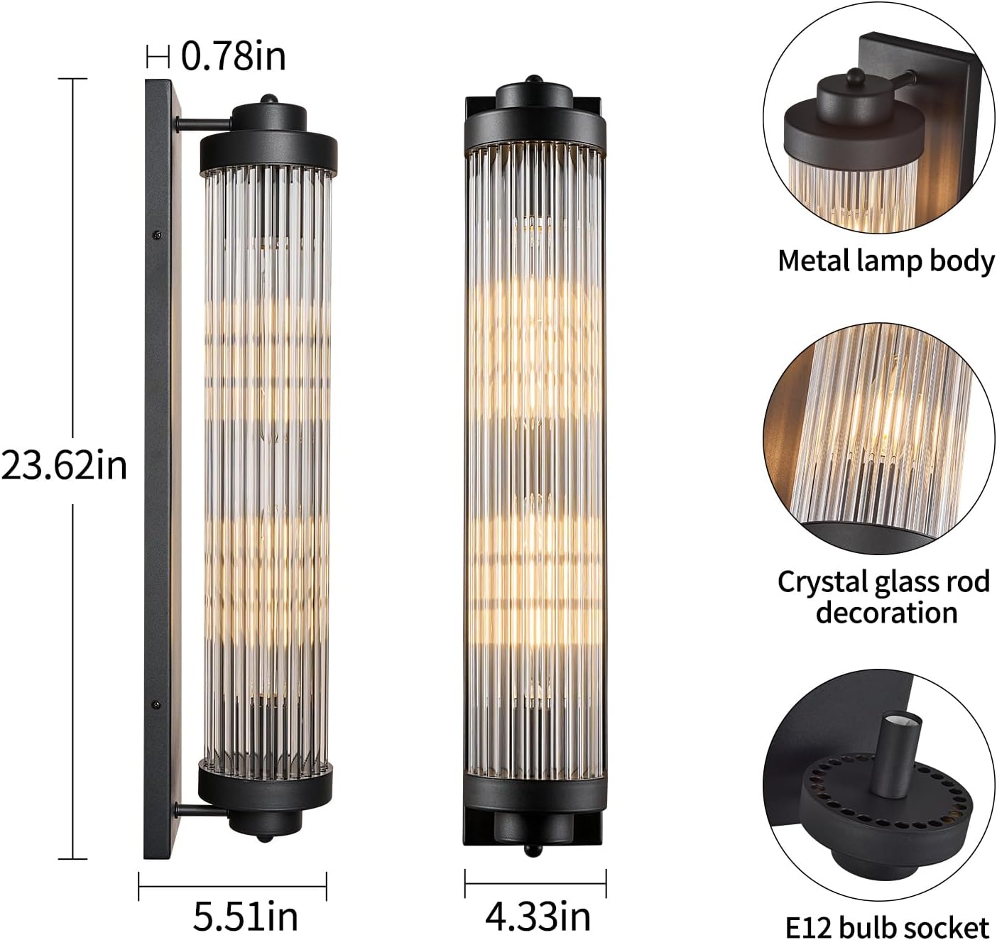 Black Wall Sconces Set of Two with Crystal Glass Strip Bathroom Sconces 2 Light E12 Base Modern Wall Lights for Bedroom Living Room Hallway Wall Light Fixtures